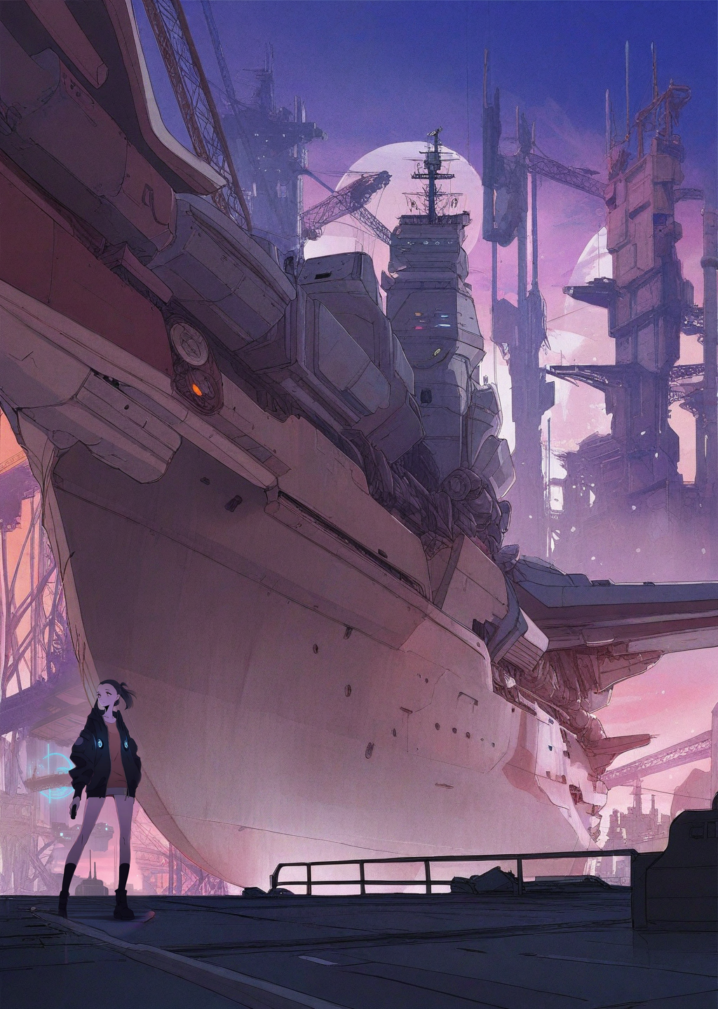 00622-2796720471-by ajimita, by demizu posuka___cowboy shot,_1 girl , detailed face_with a mecha robot in the background,_perspective, wide shot.png